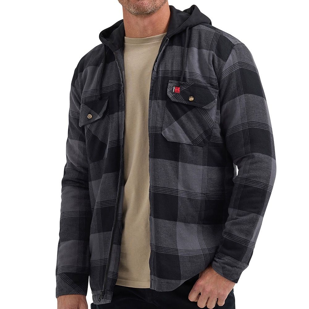 Wrangler Riggs Workwear Hooded Flannel Black Plaid Work Jacket, Size: Small