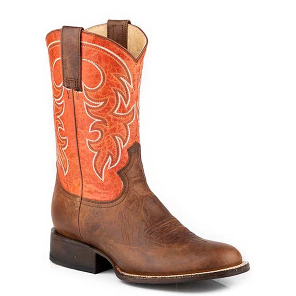 Roper Men&#39;s Cowboy Boot Round Toe Burnish Tan Leather Vamp 8561, Size: 7.5D