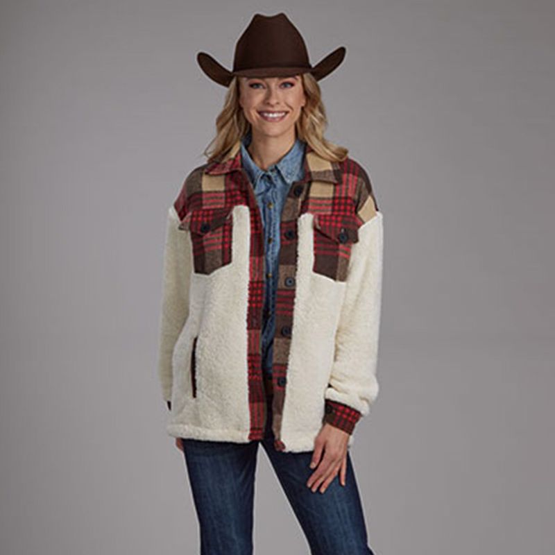 Roper Women&#39;s Cream Fleece W/Brown Plaid Polar Fleece Shirt Jacket