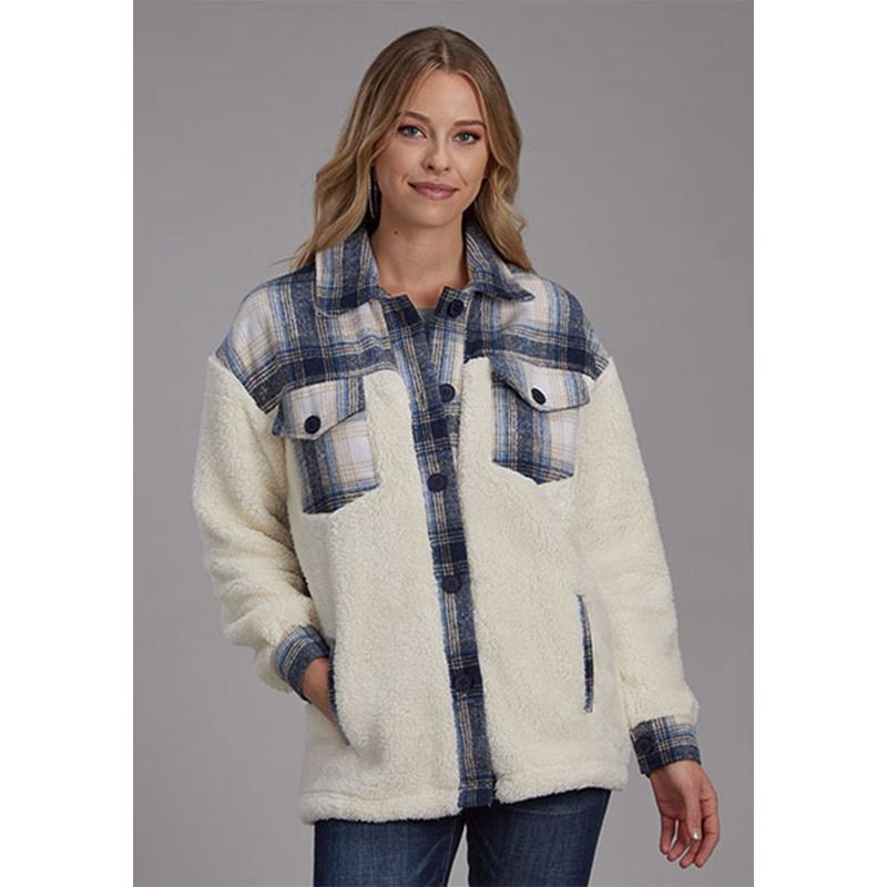 Roper Women&#39;s Cream Fleece W/Blue Plaid Polar Fleece Shirt Jacket