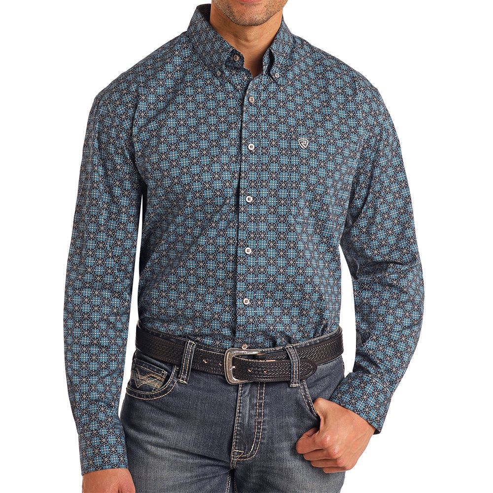 Rock &amp; Roll Denim Men&#39;s Blue Medallion Print Shirt, Size: Small