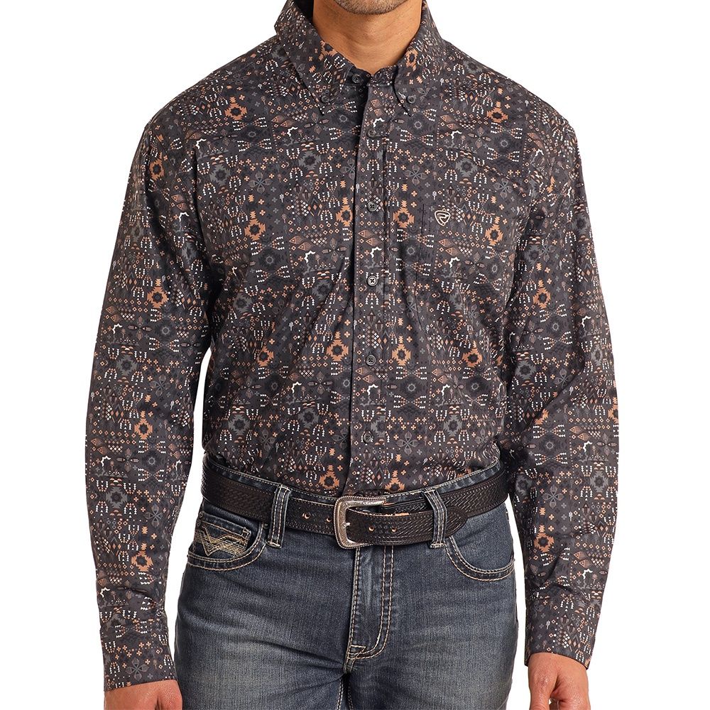 Rock and Roll Denim Men&#39;s Dark Brown Geo Print Shirt, Size: Medium