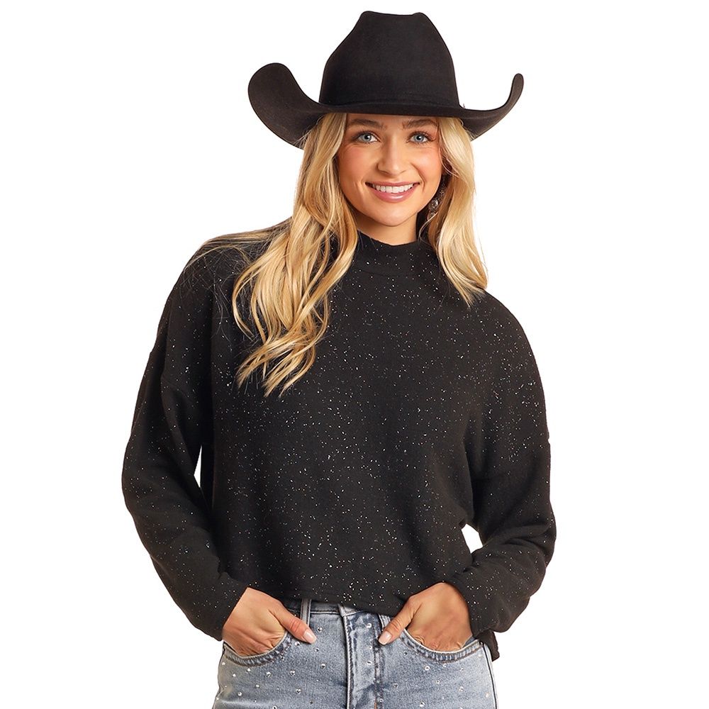 Rock and Roll Denim Women&#39;s Black Glittery Mock Neck Pullover, Size: Small