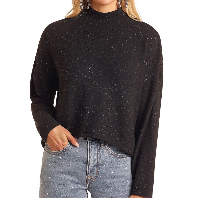 Rock and Roll Denim Women&#39;s Black Glittery Mock Neck Pullover