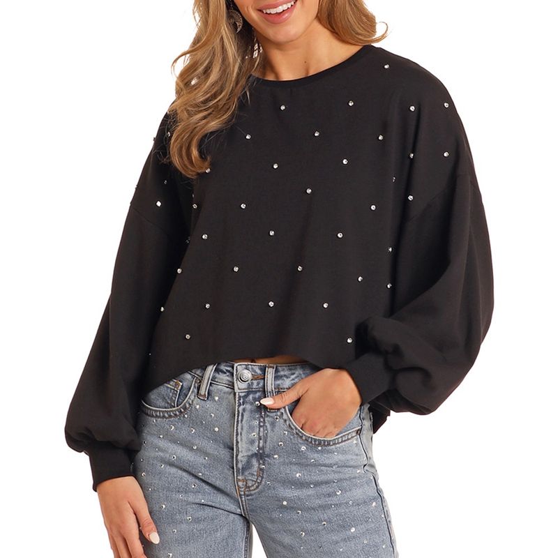 Rock and Roll Denim Women&#39;s Black Rhinestone Pullover