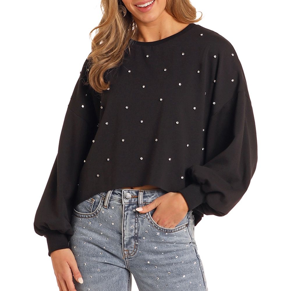 Rock and Roll Denim Women&#39;s Black Rhinestone Pullover, Size: Small