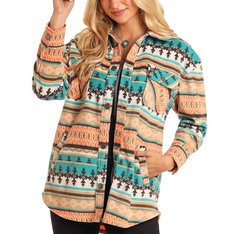 Rock and Roll Denim Turquoise Aztec Fleece Shacket, Size: Small