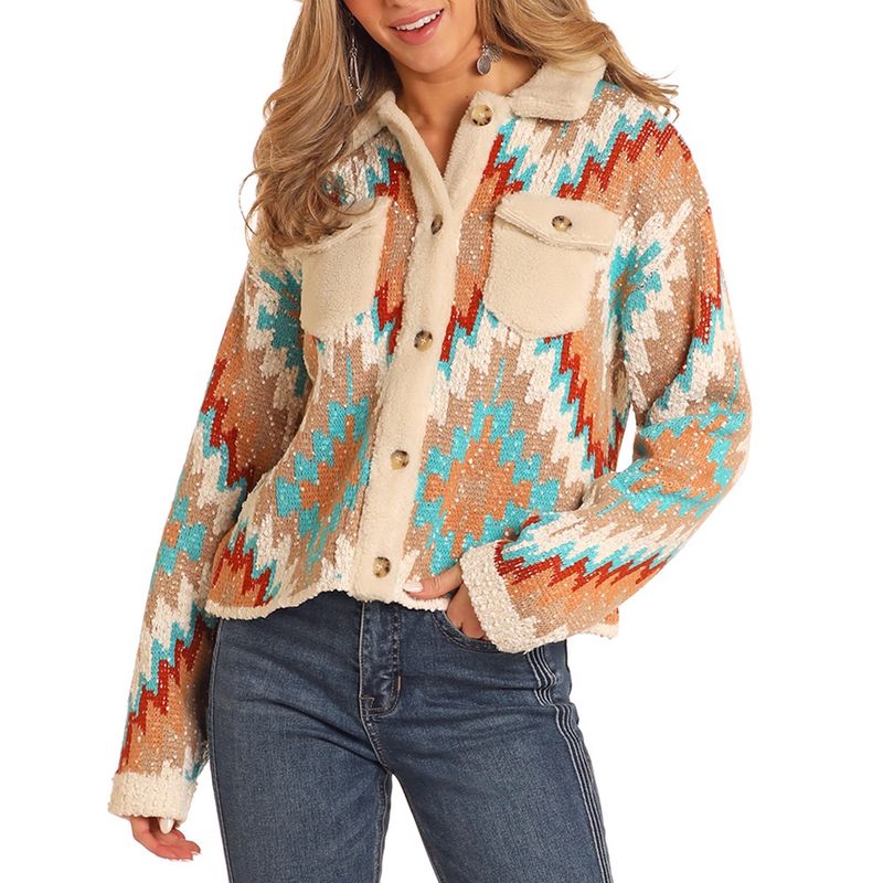 Rock and Roll Denim Turquoise Aztec Sweater Cardigan, Size: Small