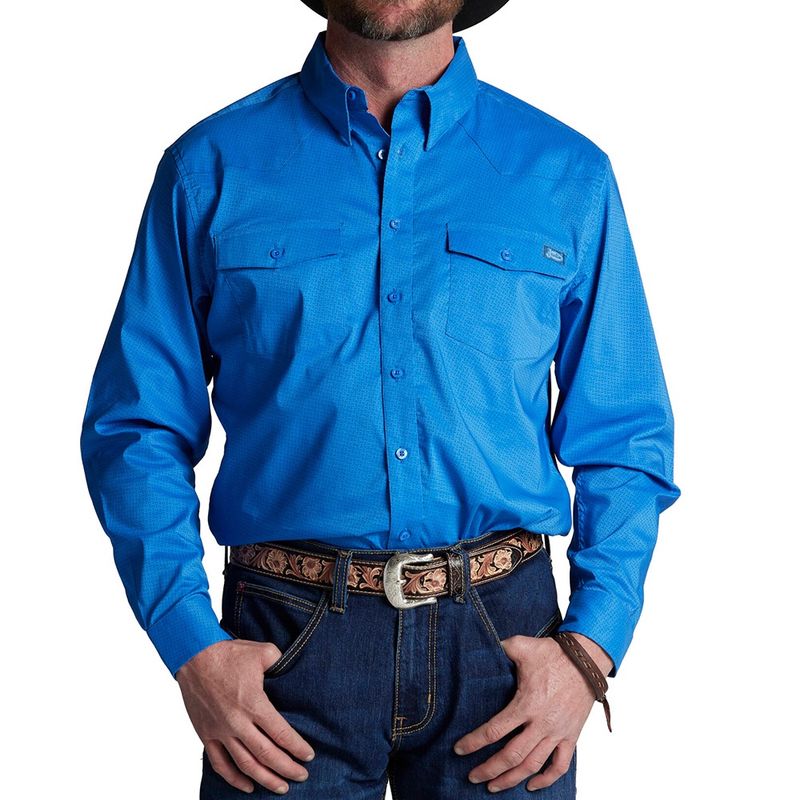 Justin Men's Two Pocket Tech Button Down Shirt - Blue Diamond Plate