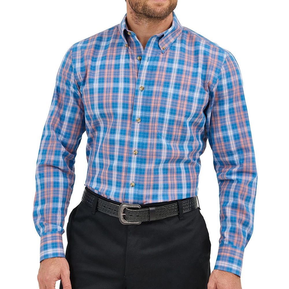 Wrangler Men&#39;s Riata Blue/Peach Shirt – Classic Style &amp; Comfort