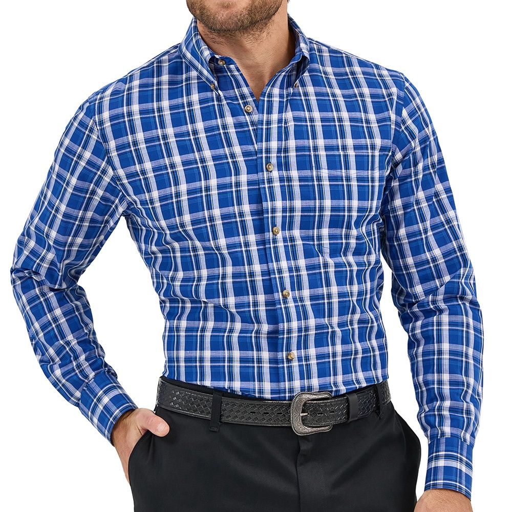 Wrangler Men&#39;s Riata Blue Plaid L/S Shirt, Size: Medium