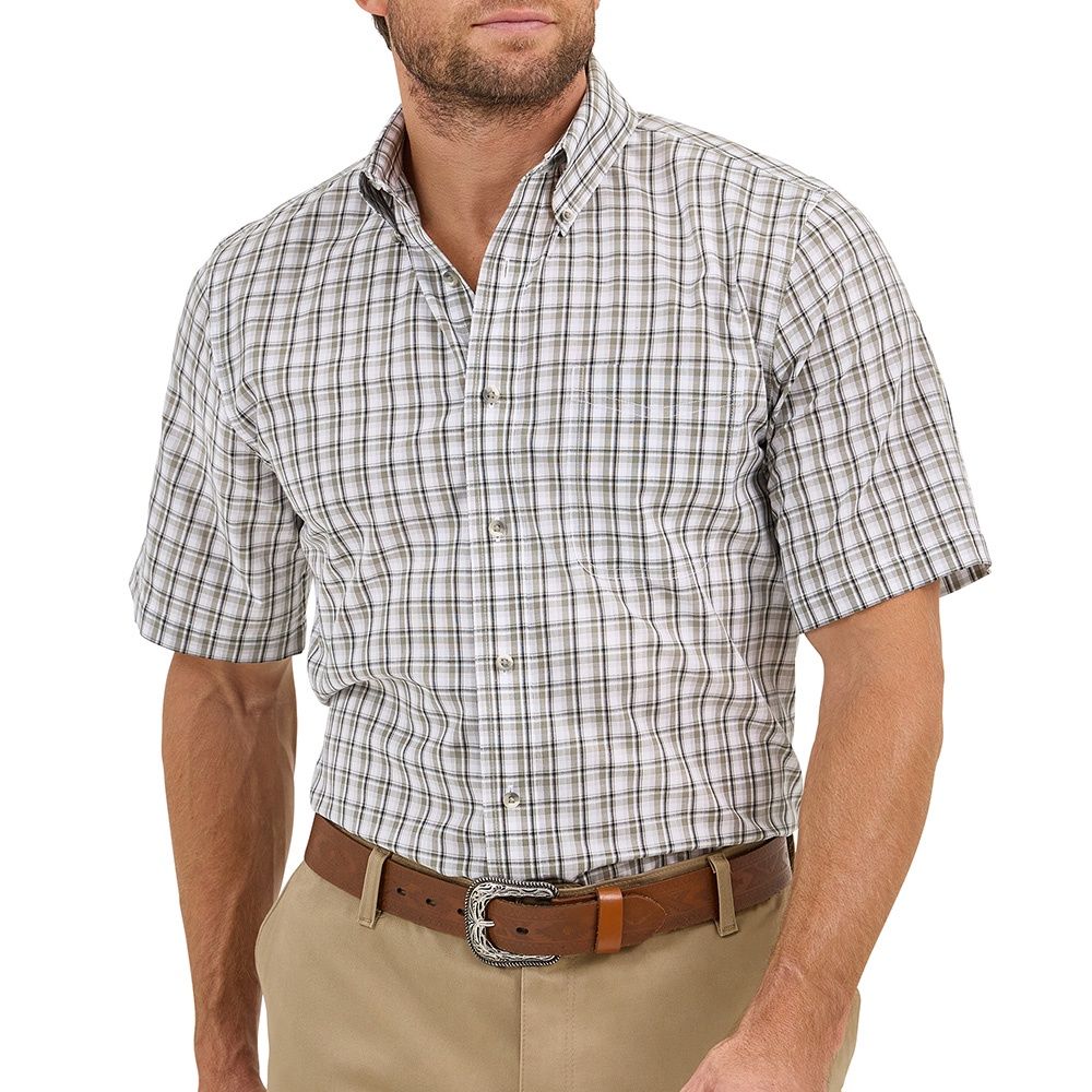 Wrangler Men&#39;s Riata Short Sleeve White Olive Shirt, Size: Medium