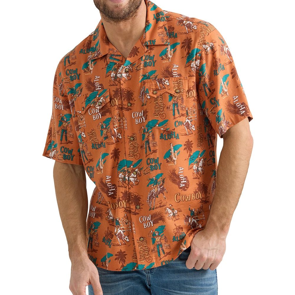 Wrangler Men&#39;s Coconut Cowboy Aloha Orange Snap Front Shirt, Size: Small