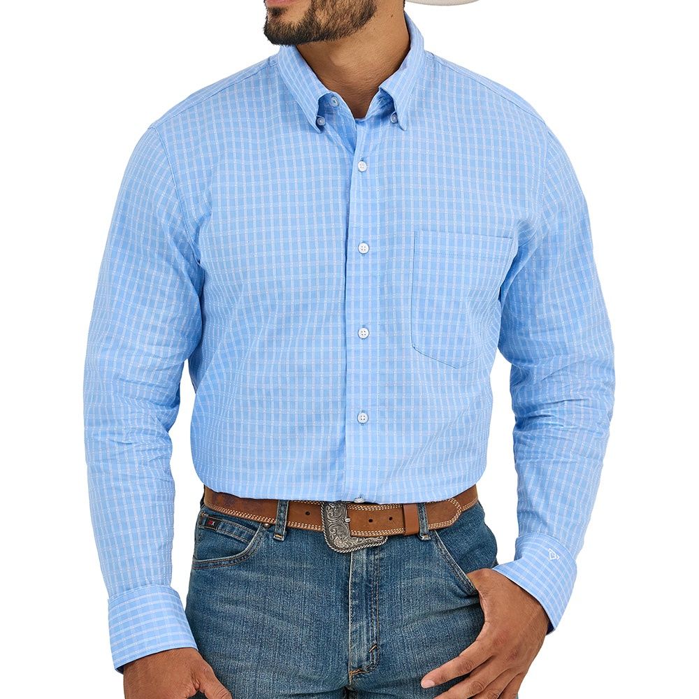 Wrangler Men&#39;s Cody Johnson Bluebell Check One Pocket Button Down Shirt, Size: Small