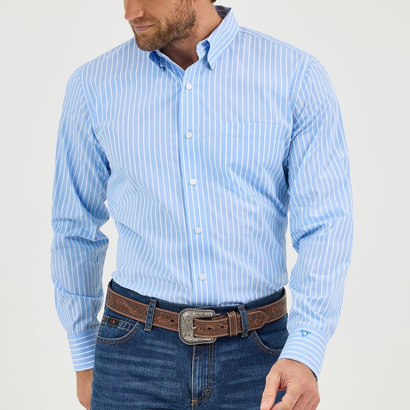 Wrangler Men&#39;s Cody Johnson One Pocket Button Down Shirt - Powder Blue Stripe