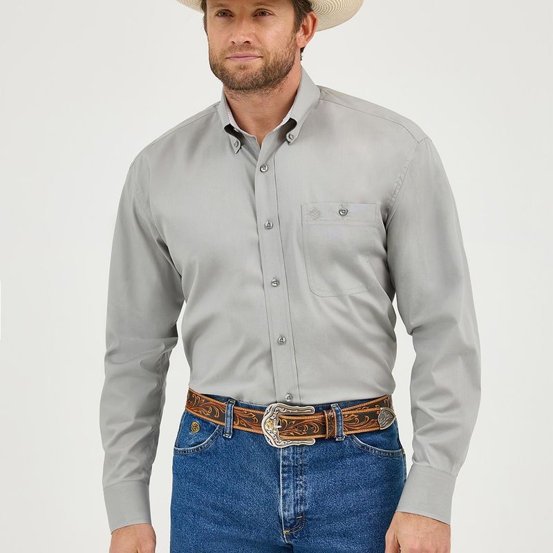 Wrangler Men&#39;s George Strait Solid One Pocket Button Down Shirt – Dove Gray