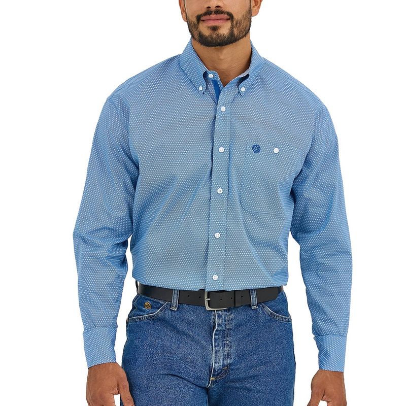 Wrangler Men&#39;s George Strait One Pocket Long Sleeve Button Down Shirt – Dusty Blue Microdot