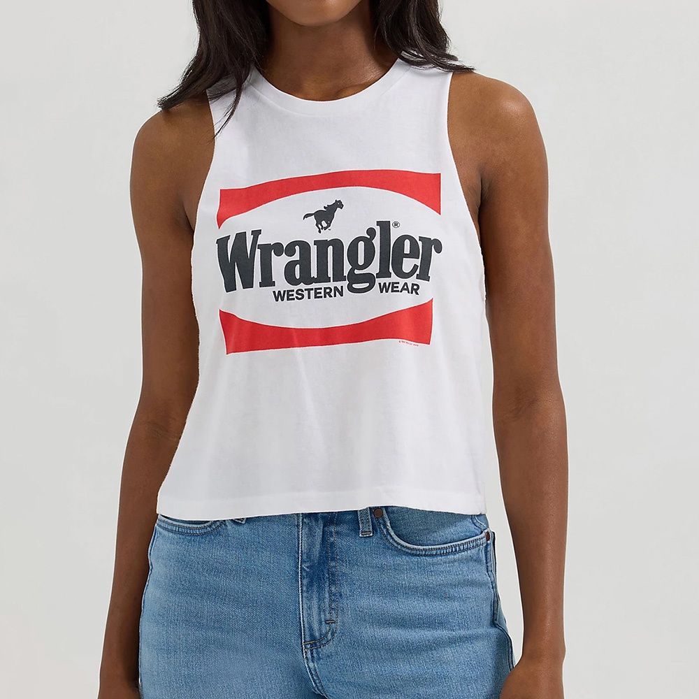 Wrangler Women&#39;s Festival Crop Graphic Tank – White Block, Size: X-Small