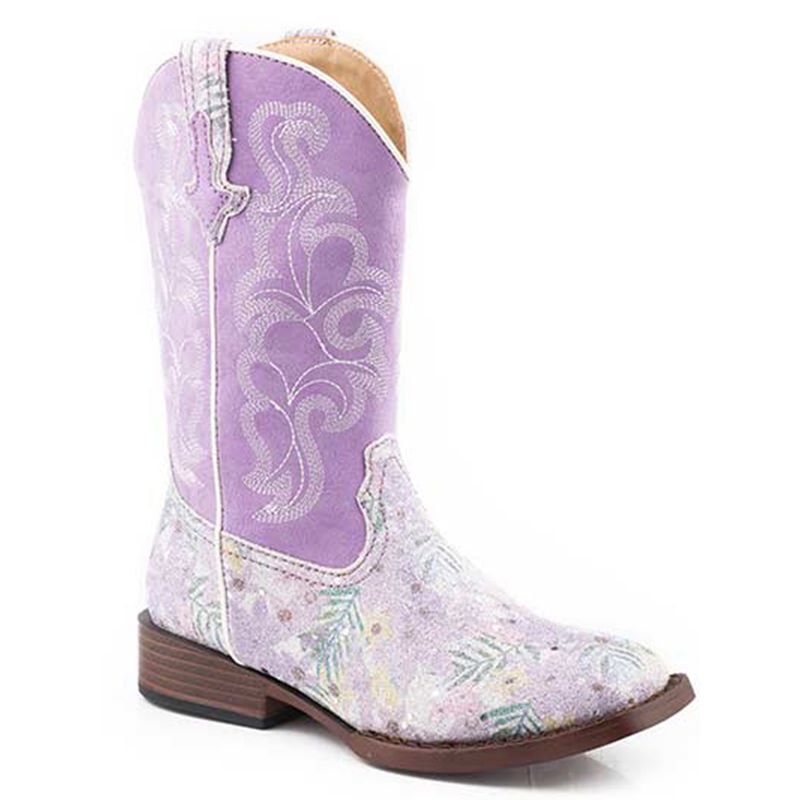 Roper Little Kid&#39;s Glitter Floral Lavender Print Faux Leather Boots