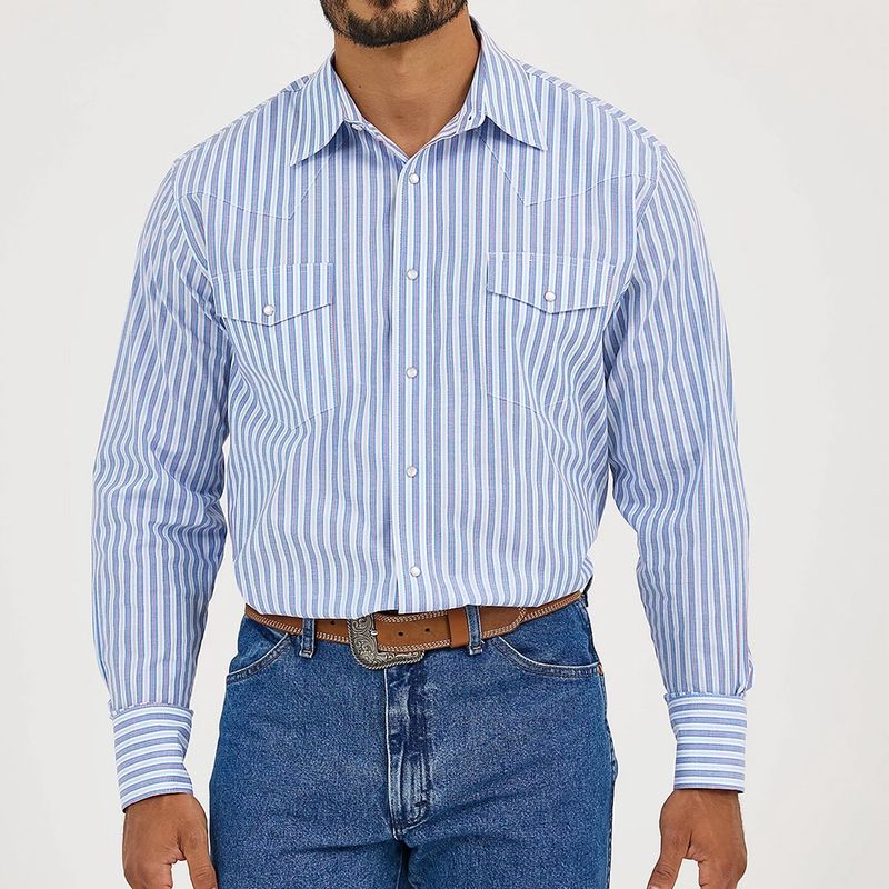 Wrangler Men&#39;s Wrinkle Resist Long Sleeve Western Snap Shirt – Bold Blues