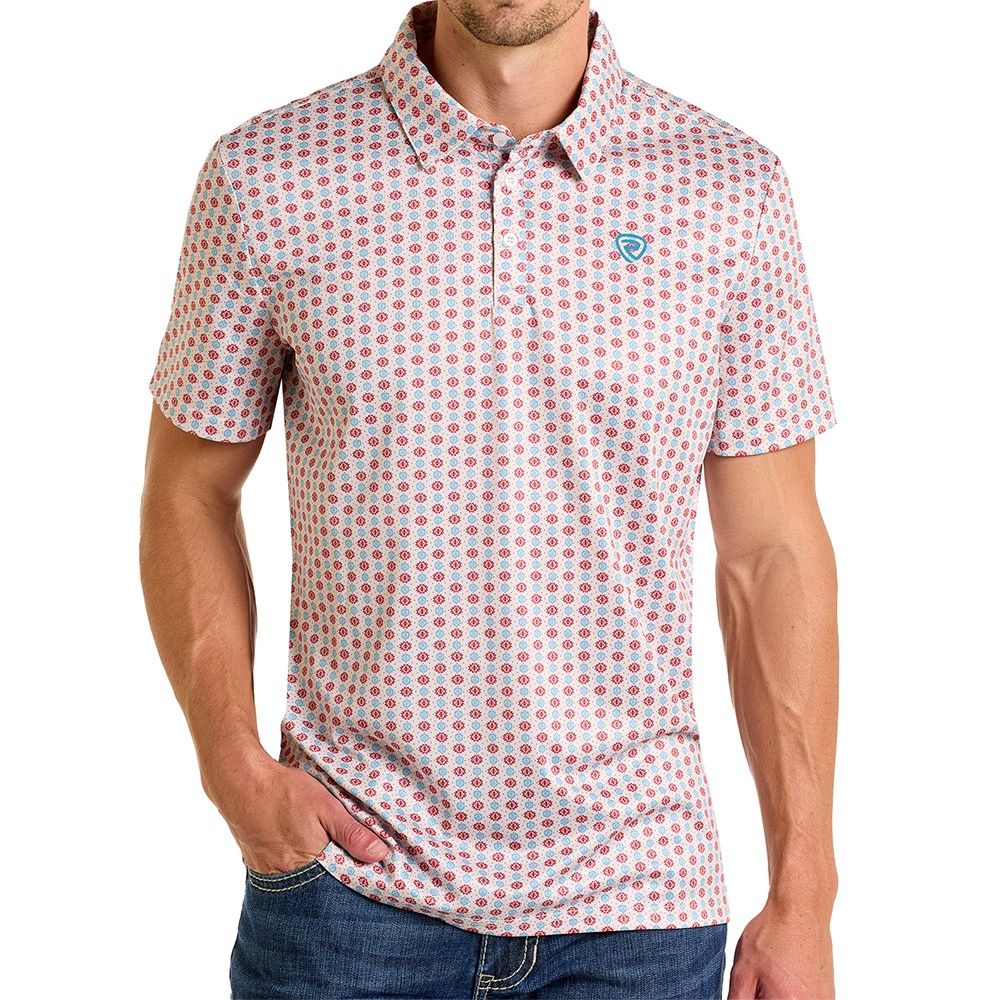 Rock &amp; Roll Denim Men&#39;s UPF 50 Polo Shirt – Geo Print Natural