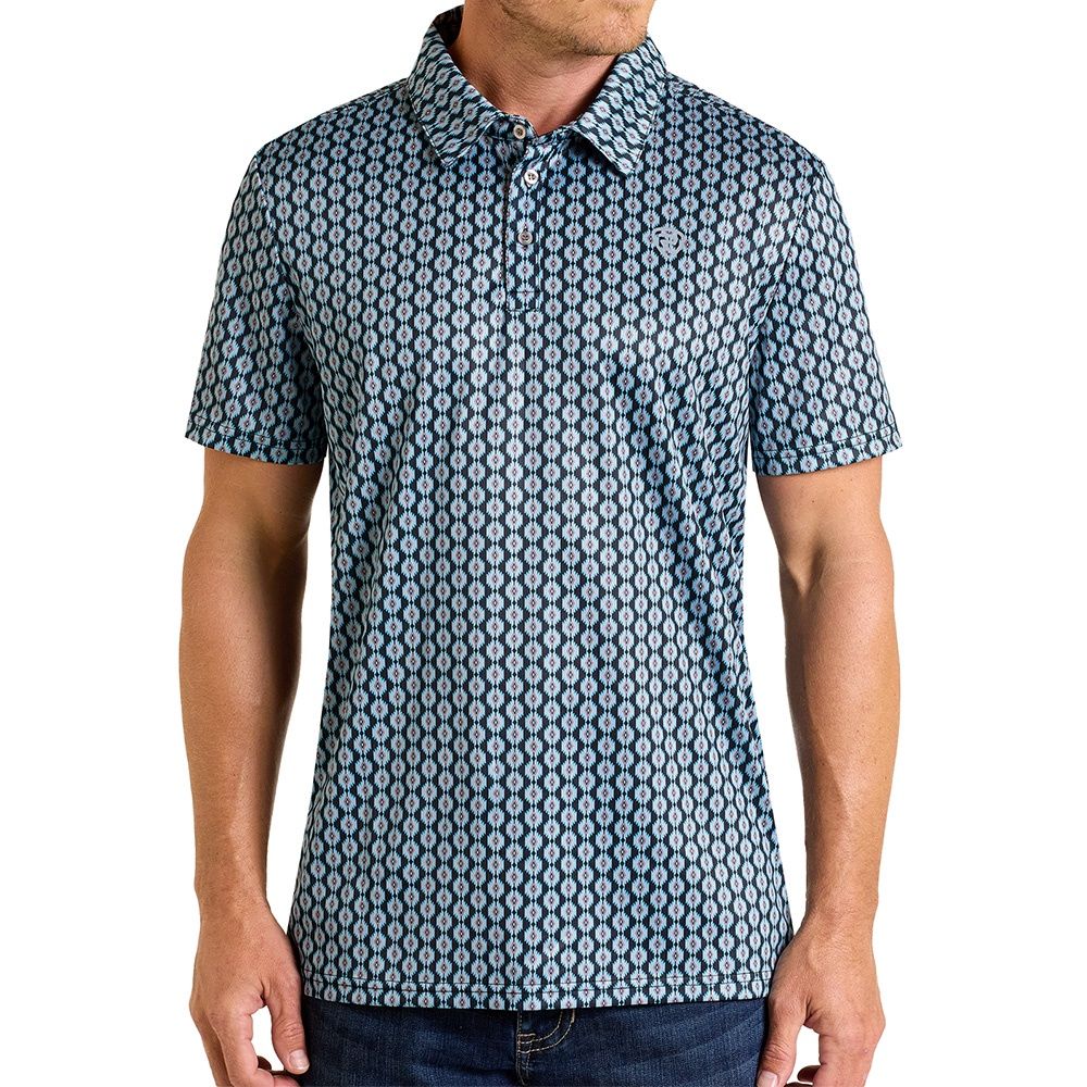 Rock &amp; Roll Denim Men&#39;s Mini Aztec Printed Polo Shirt – Black