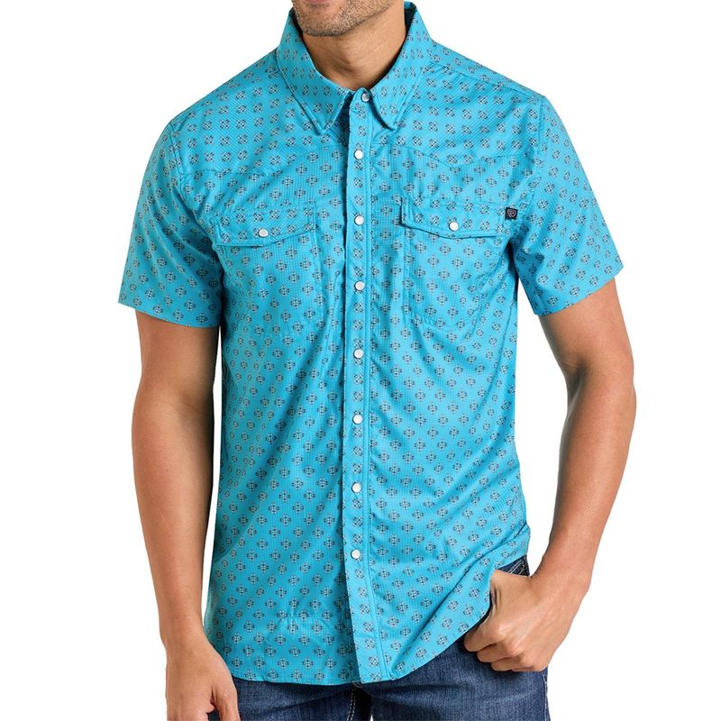 Rock &amp; Roll Denim Men&#39;s Tek Western Geo Print Snap Shirt – Teal