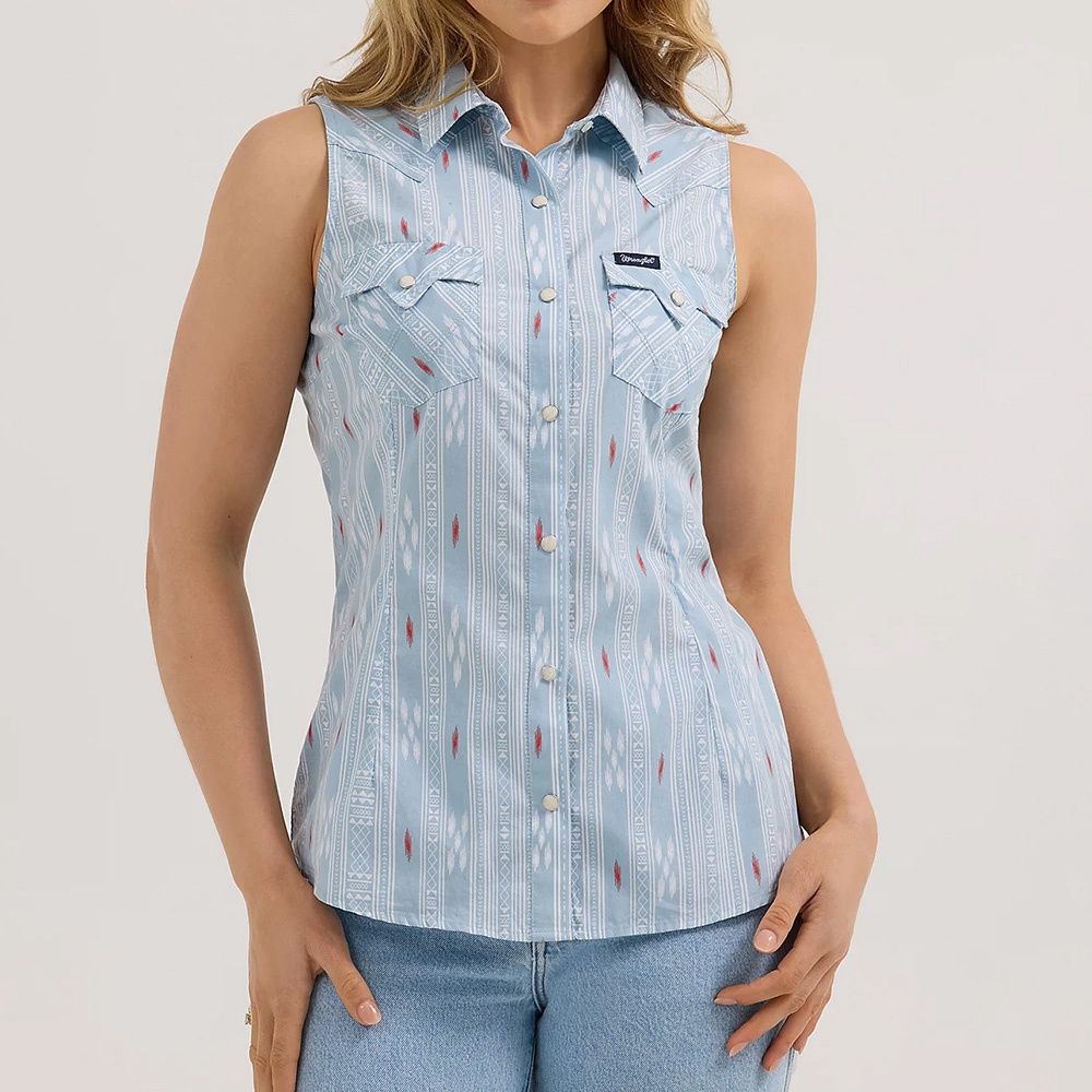 Wrangler Women&#39;s Retro Stripe Slim Western Snap Tank – Blue Dust