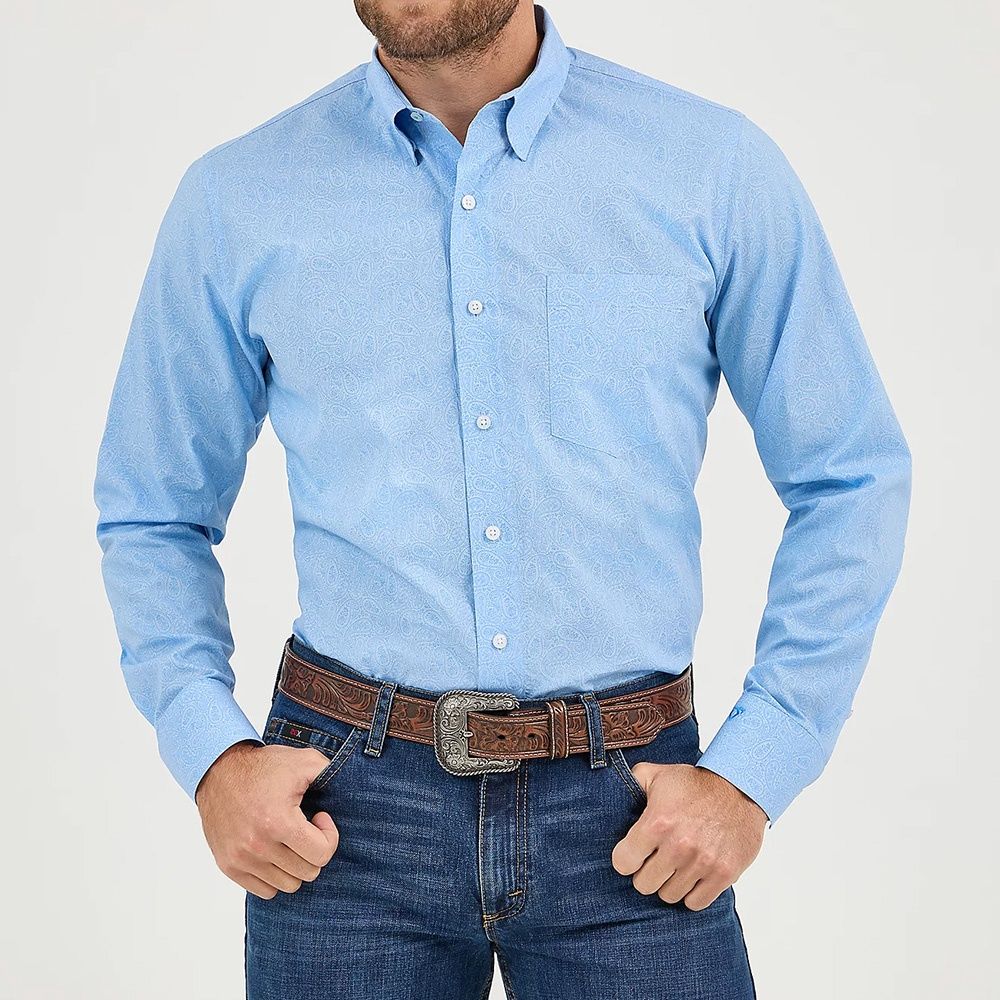 Wrangler Men&#39;s Cody Johnson One Pocket Button Down Shirt – Powder Blue Paisley