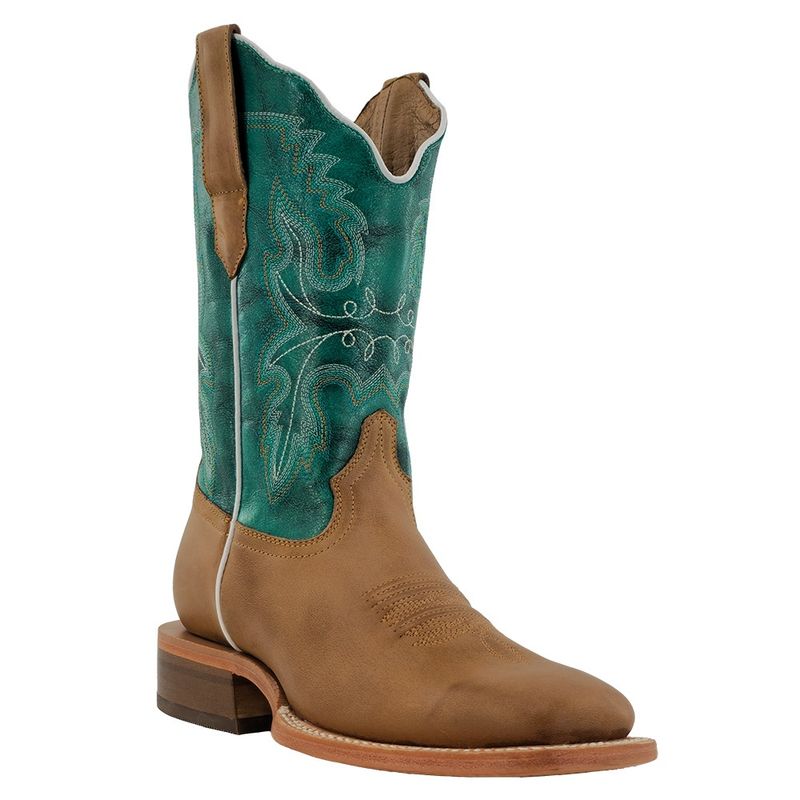 R. Watson Women&#39;s Working Ranch Khaki Tan Goat &amp; Turquoise Cowhide Boots – WRL0112