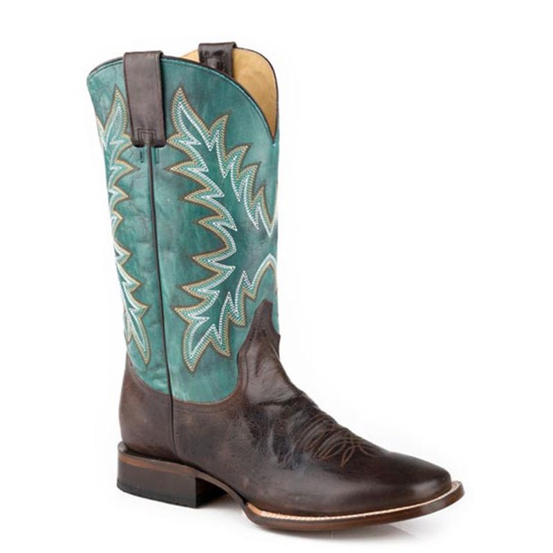 Stetson Men’s Cole Waxy Brown Boots – Square Toe Tru X Sole with Vintage Turquoise Western Flair