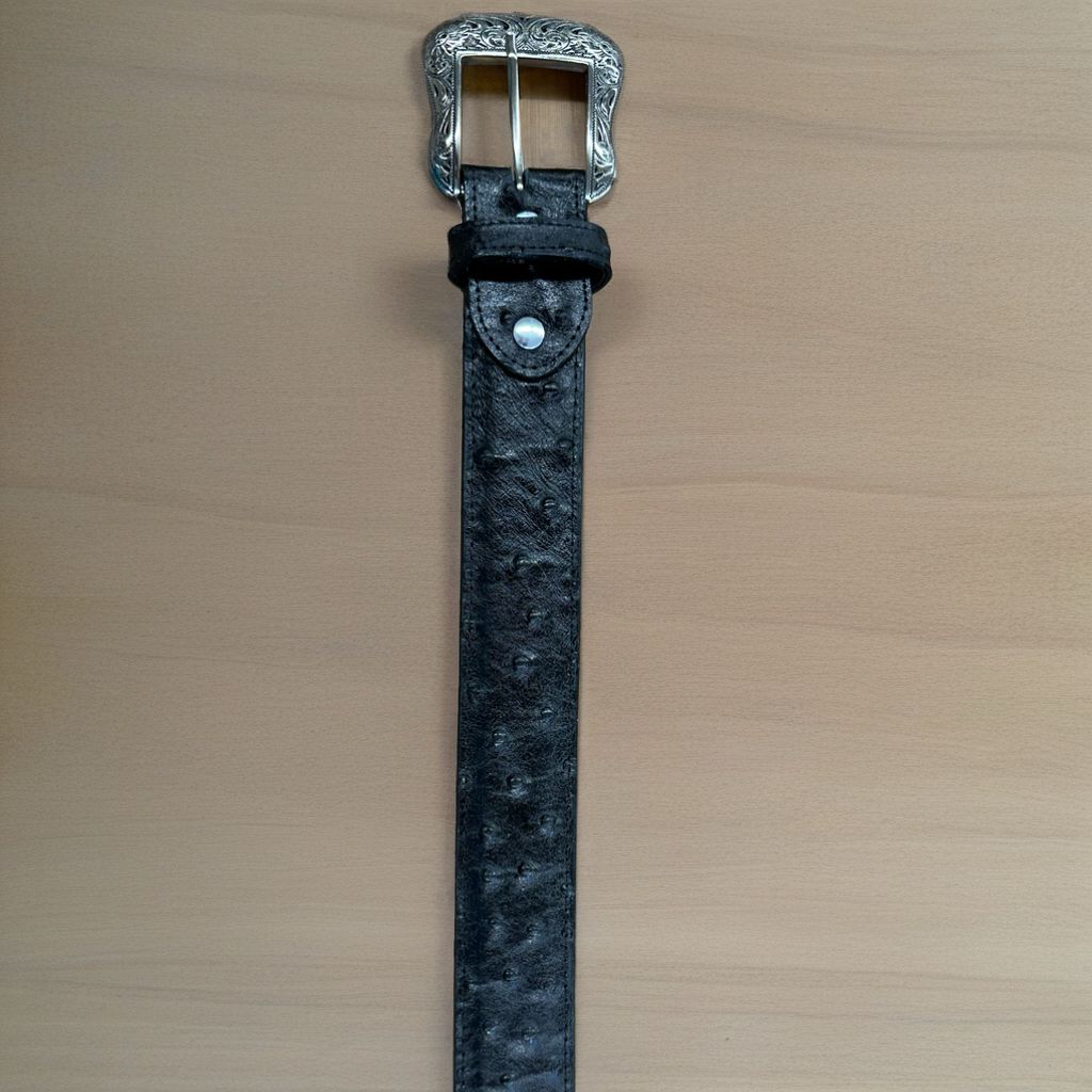 Cowtown Men&#39;s Black Ostrich Print All Leather Belt