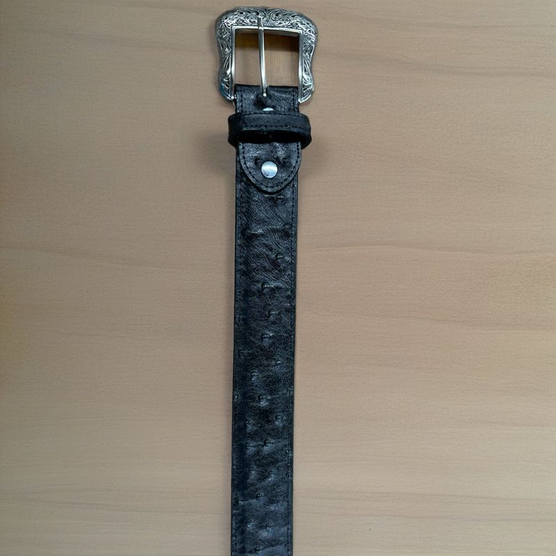 Cowtown Men&#39;s Black Ostrich Print All Leather Belt