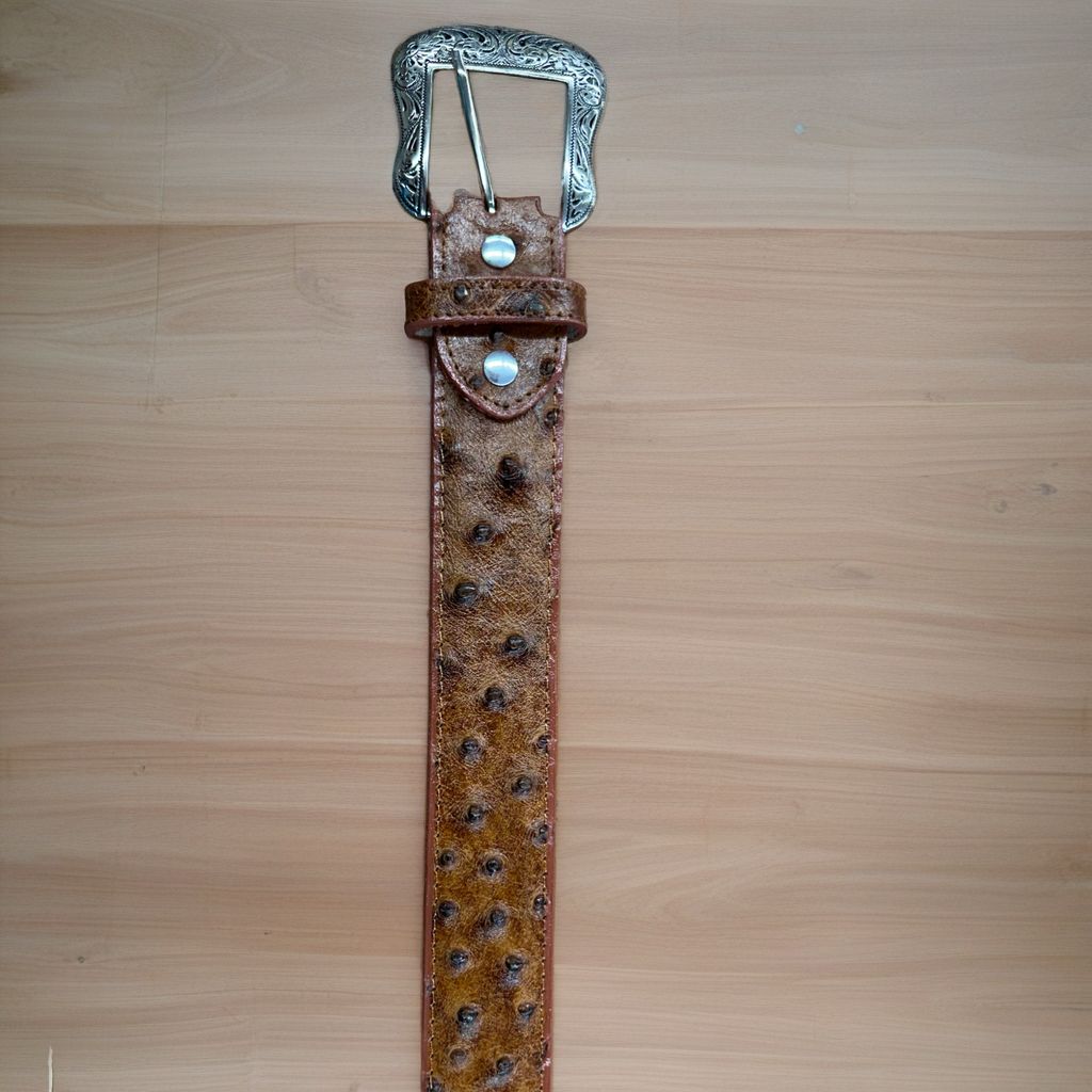 Cowtown Men&#39;s Cognac Ostrich Print All Leather Belt