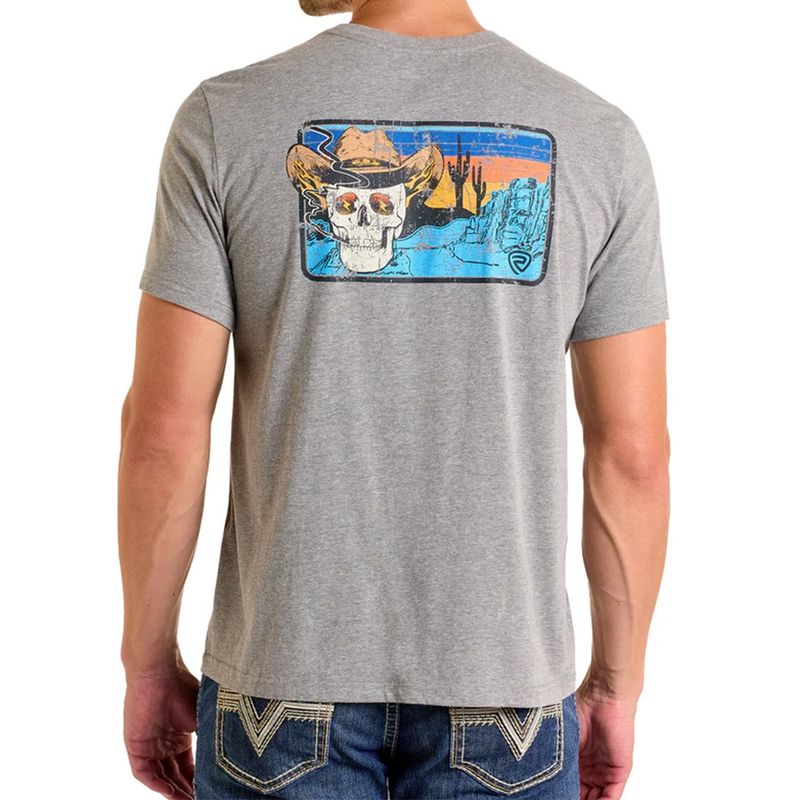 Rock &amp; Roll Denim Men's Desert Cowboy Skull Graphic Tee Shirt – Grey