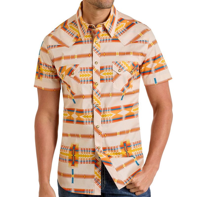 Rock &amp; Roll Denim Men&#39;s White Aztec Short Sleeve Snap Shirt