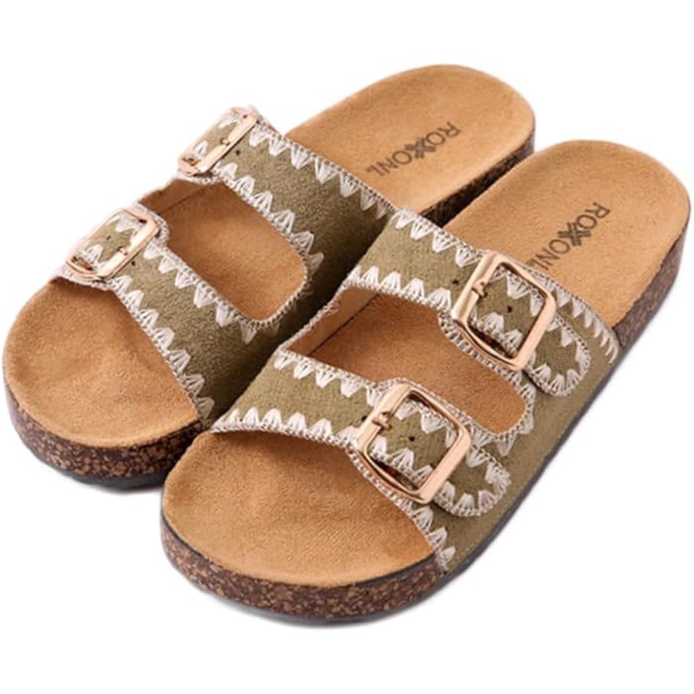 Roxoni Women&#39;s Fashion Cork Sole Green Double Buckle Sandal