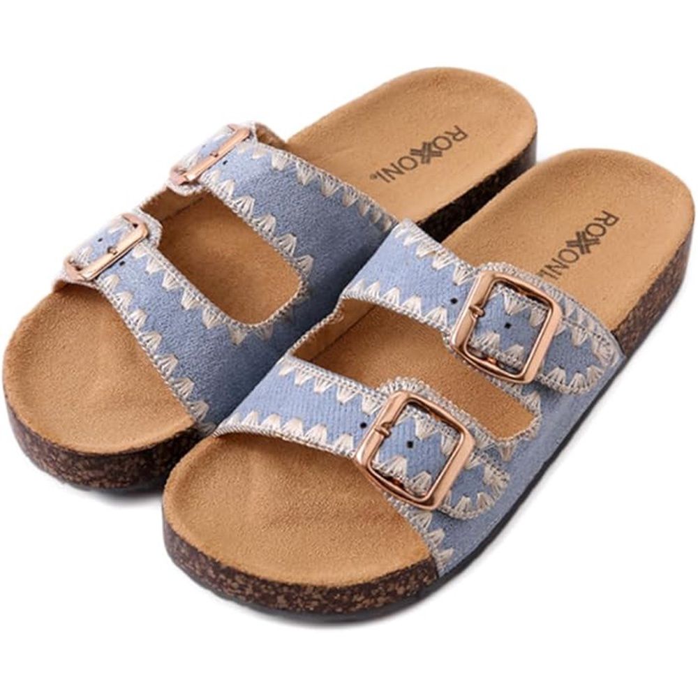 Roxoni Women&#39;s Fashion Cork Sole Blue Double Buckle Sandal