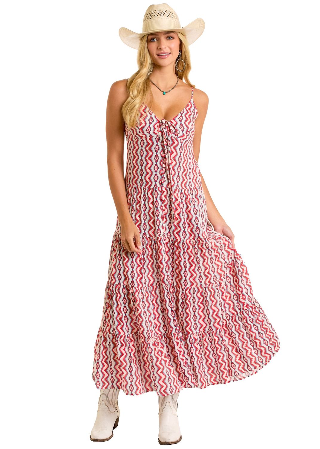 Rock &amp; Roll Denim Zig Zag Halter Maxi Dress