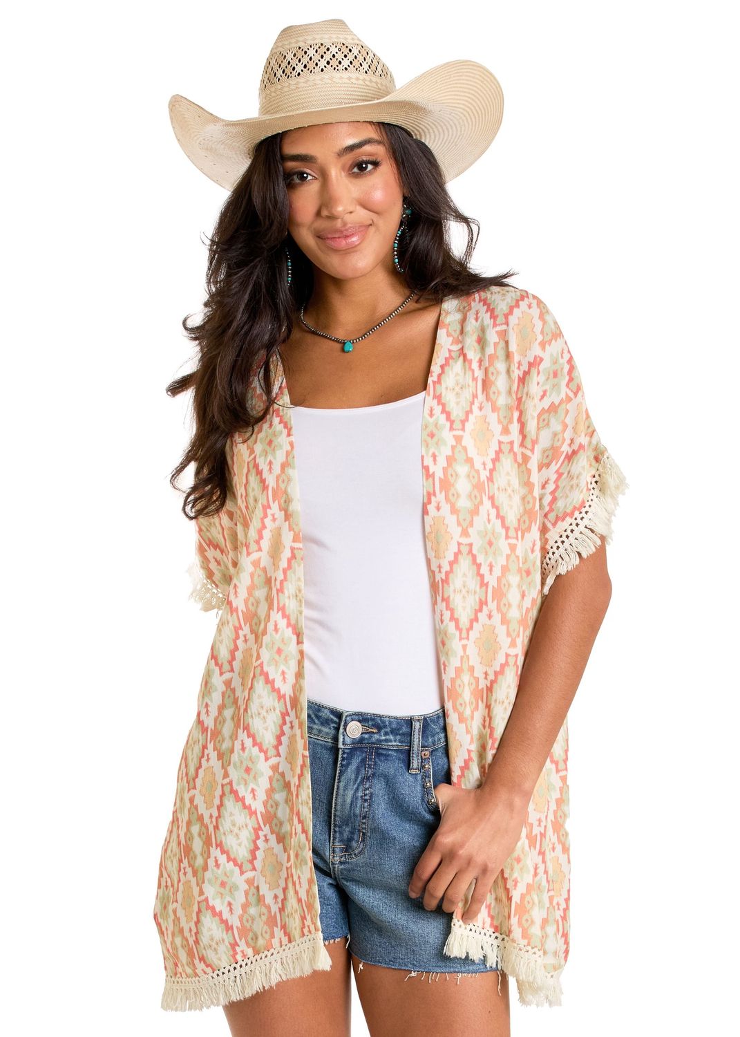 Rock &amp; Roll Denim Women&#39;s Aztec Fringe Kimono