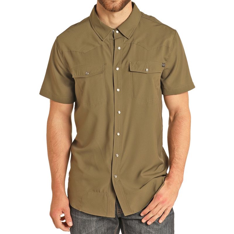 Rock &amp; Roll Denim Tek Western SS 2PKT Olive Solid Ripstop Snap Shirt