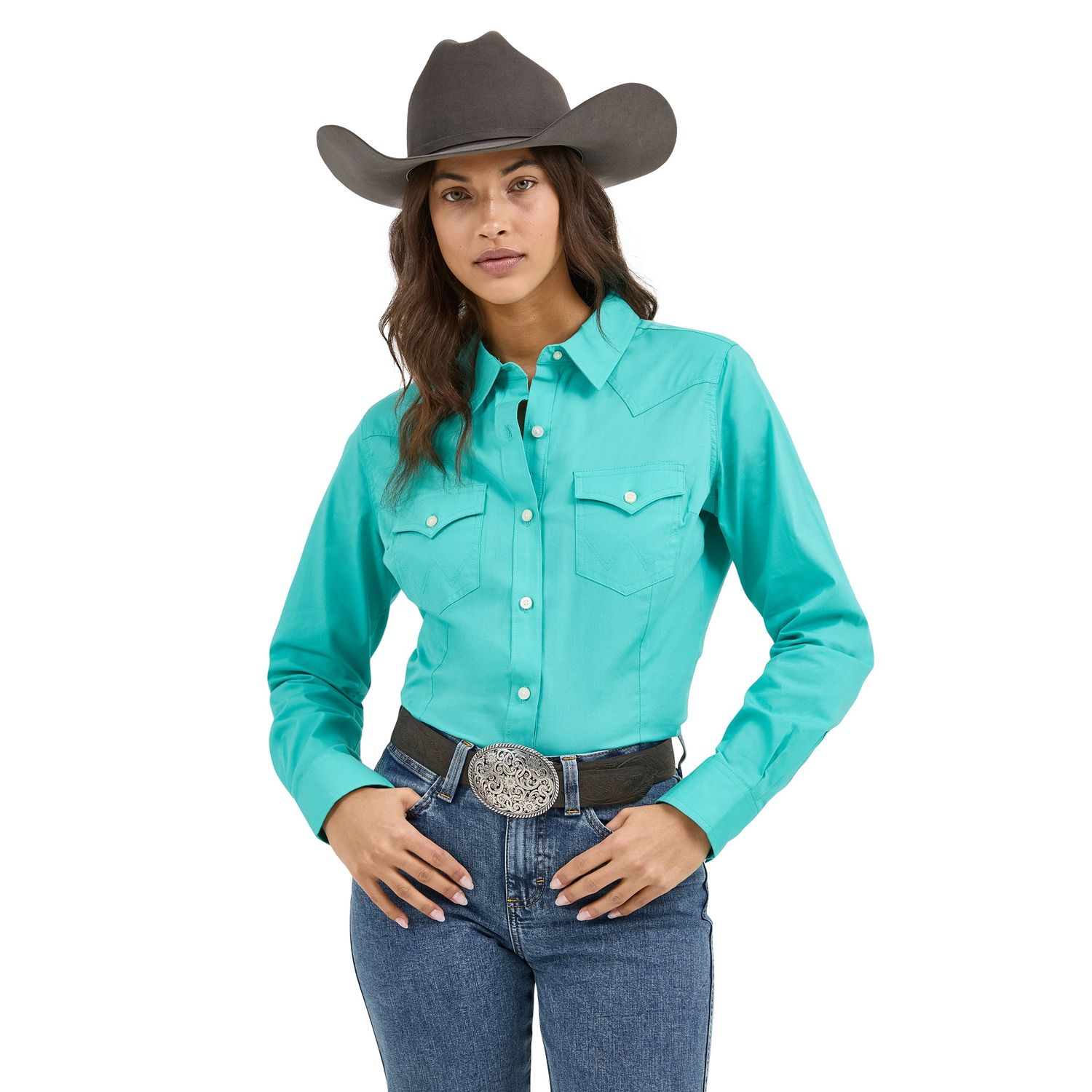 Wrangler Women&#39;s Bright Aqua Western Button Down Shirt