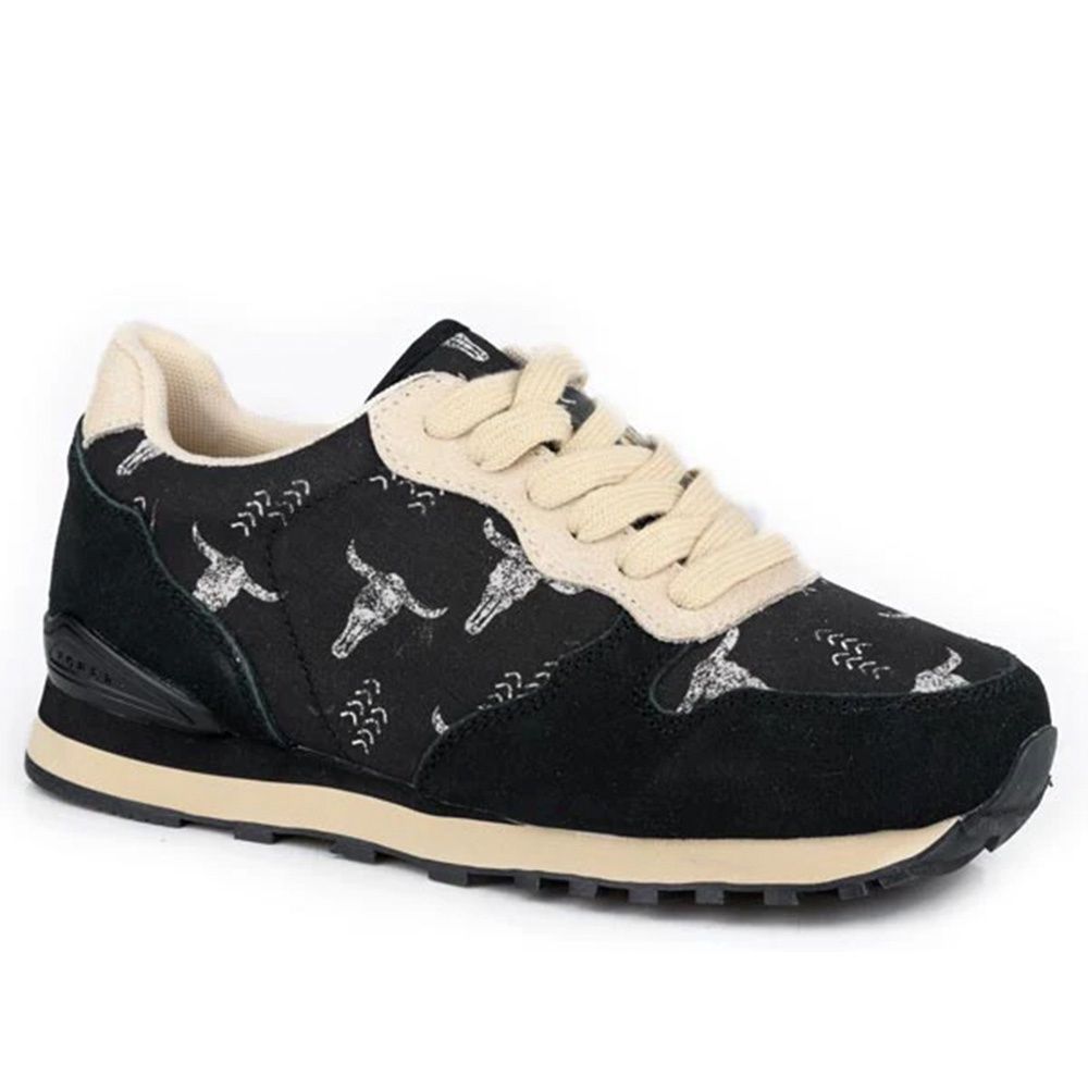 Roper Women’s Black Cow Suede &amp; Printed Canvas Shoe – Giddyup Longhorn, Size: 6.0
