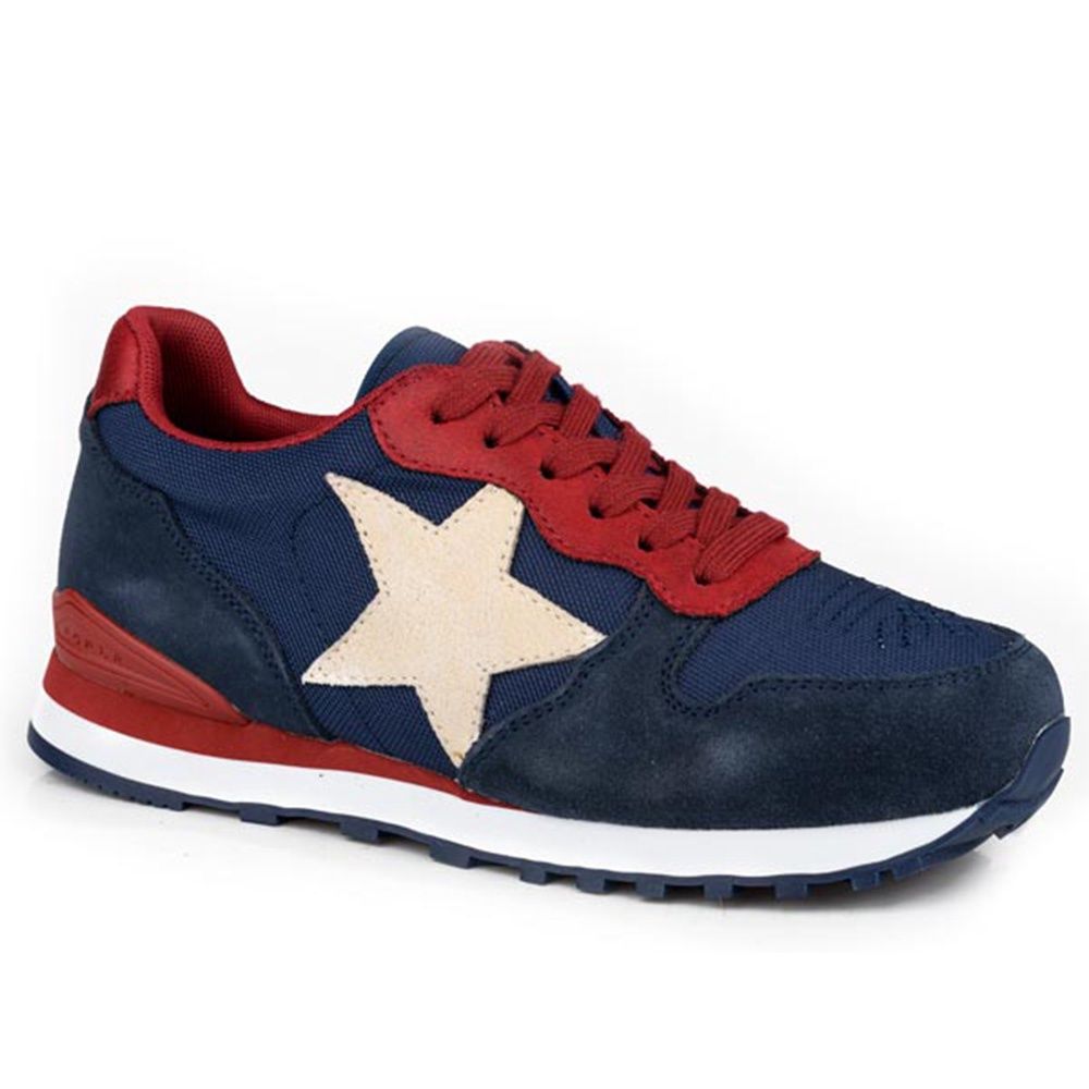 Roper Women’s Navy Cow Suede with Star Overlay Shoe – Giddyup Star, Size: 6.0