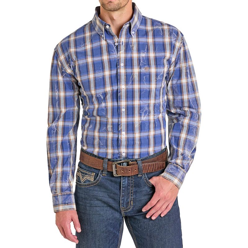 Rock &amp; Roll Denim Men&#39;s Blue Krinkle Wash Plaid Shirt – BMB2S07134