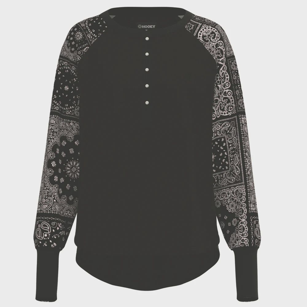 Hooey Ladies Henley Black/White w/ Bandana Pattern Long Sleeve Thermal Shirt – HT1692BKWH