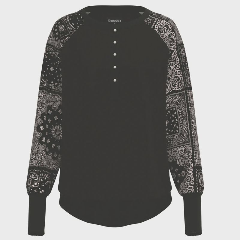 Hooey Ladies Henley Black/White w/ Bandana Pattern Long Sleeve Thermal Shirt – HT1692BKWH