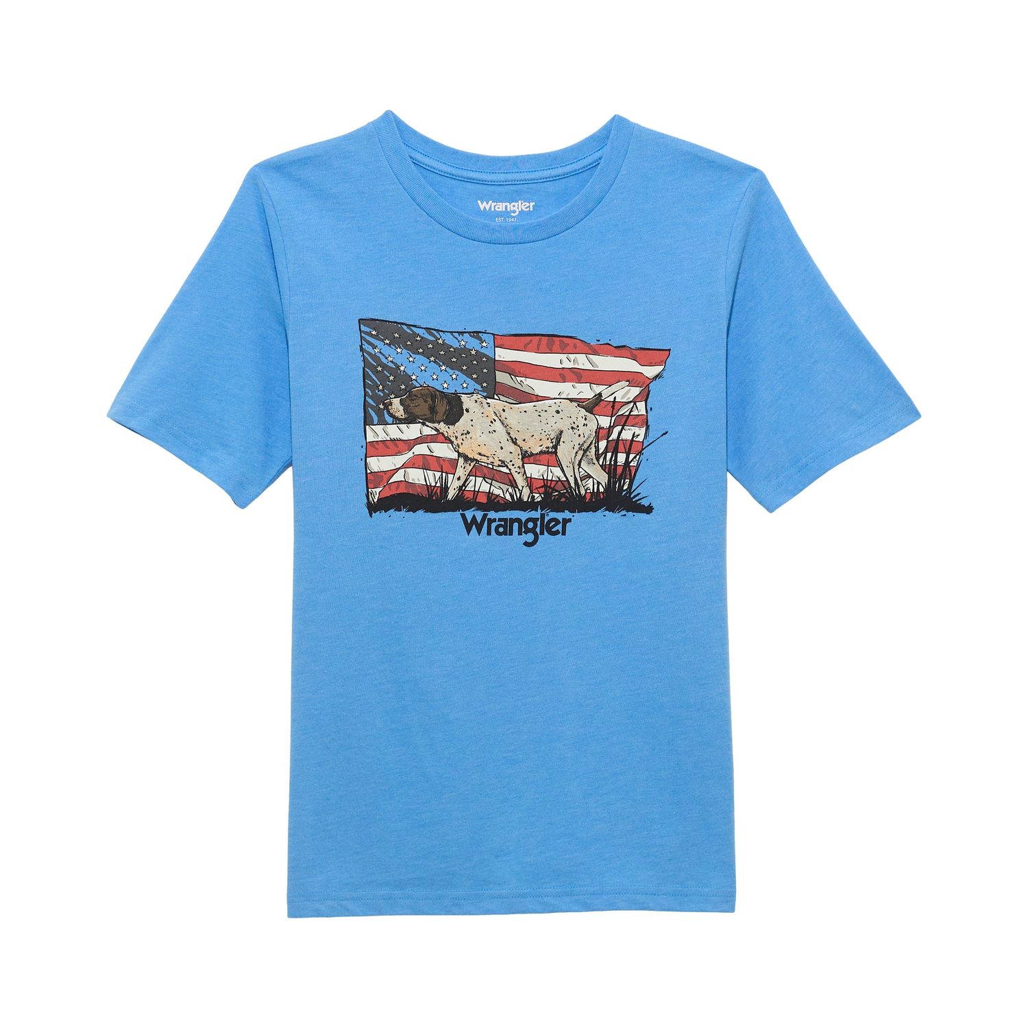 Wrangler Boy’s Logo Front USA Flag with Dog Graphic T-Shirt – Style# 112361866
