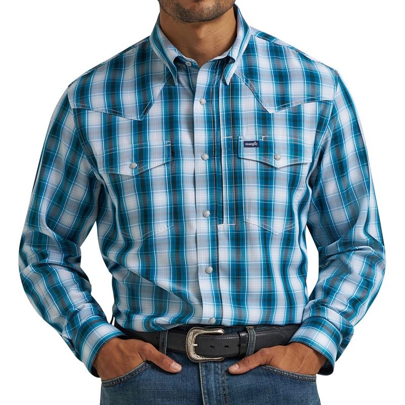 Wrangler Men’s Teal Black Performance Snap Long Sleeve Plaid Shirt – Style# 112368292