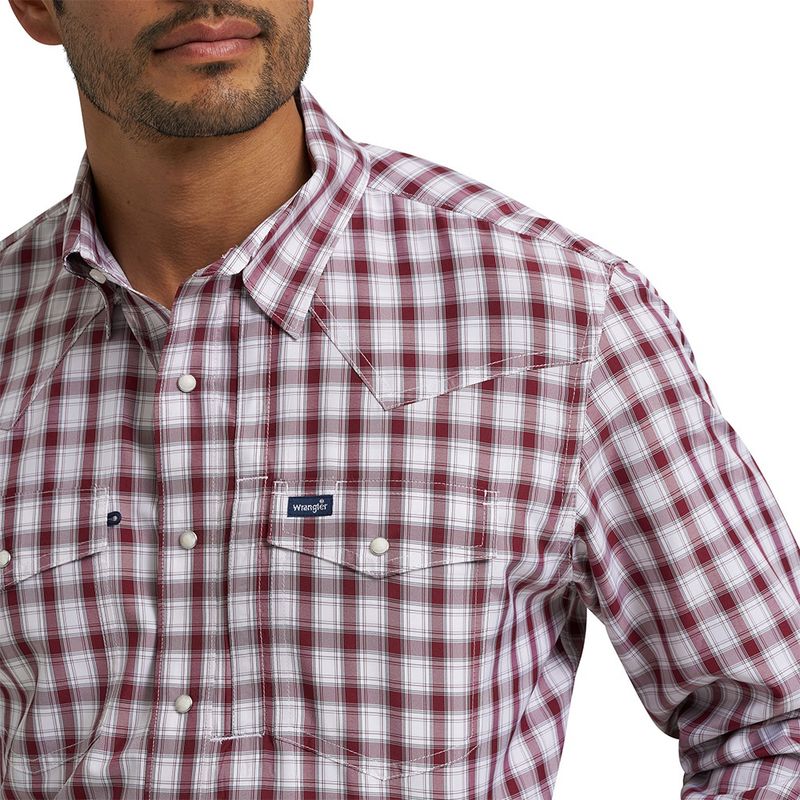 Wrangler Men’s Pinot Red Performance Snap Long Sleeve Plaid Shirt – Style# 112368290